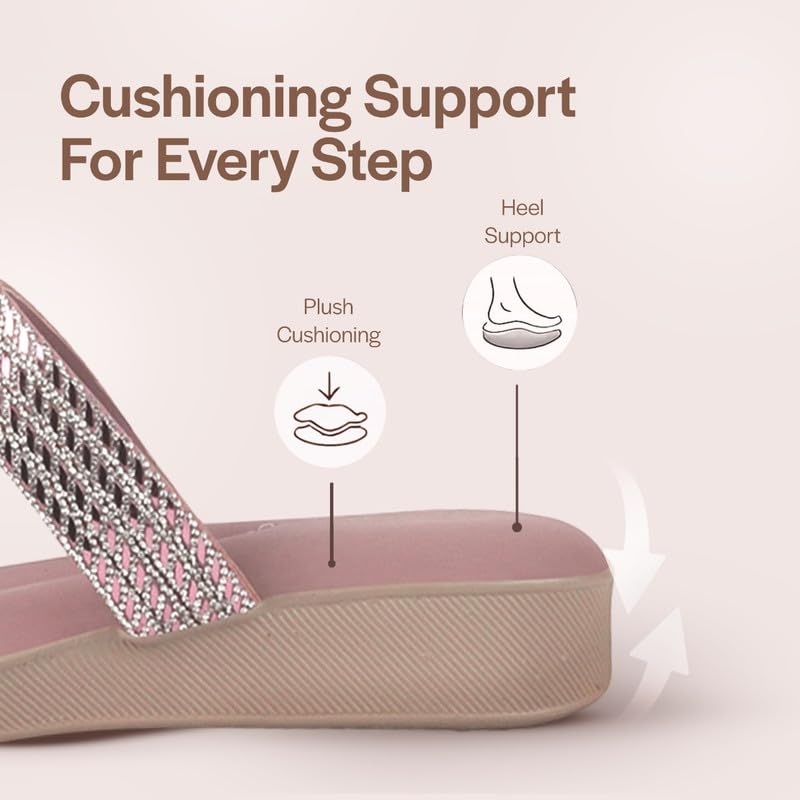 Image of FAUSTO Women T-Strap Slip On Ethnic Sandals with Rhinestone Strap | Wedge Ortho Slip-On Slippers | Perfect for Wedding, Festive Outfits