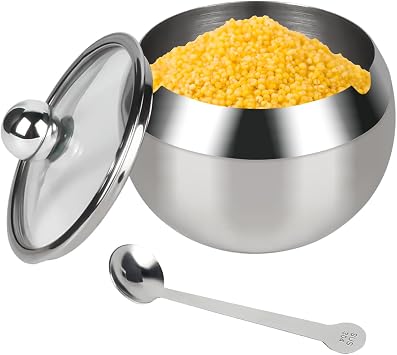 Stainless Stee Sugar Bowl, Sugar Pot with Lid and Spoon, Large Sugar Container for Home Kitchen 500 Milliliter