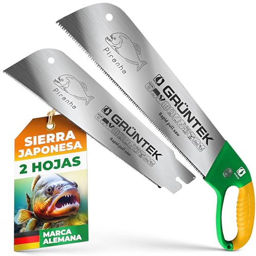 GRÜNTEK Sierra de Podar a mano Piranha - Serrucho japones de Jardín con 2 Hojas - Corte Grueso (8 dientes) y Corte fino (13 dientes)