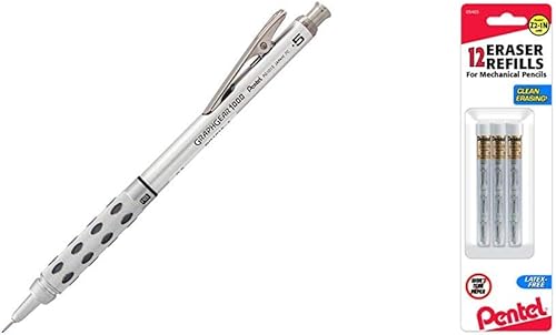 Pentel GraphGear 1000 - Portaminas (0.020 in), barril negro, 1 cada uno (PG1015A), gris metálico y repuestos de borrador para lápices mecánicos,