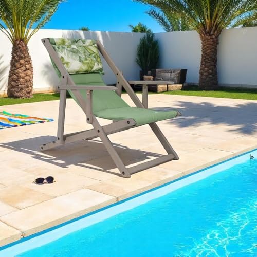 Chaise longue pliante en bois de hêtre avec toile en polypropylène et coussin rembourré, inclinable en 3 positions – Idéal pour jardin, camping et...