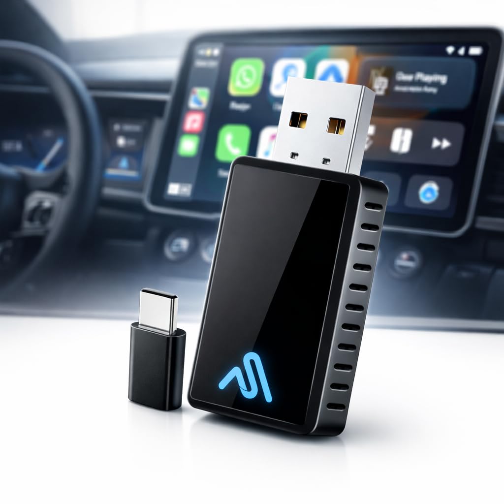 AutoSky Adattatore Wireless CarPlay e Android Auto 2-in-1, Dongle USB Pro Convertitore Cablato in Wireless, WiFi 5GHz, Plug & Play per Auto dal 2016, Design Nero Lucido Compatto, No Lag