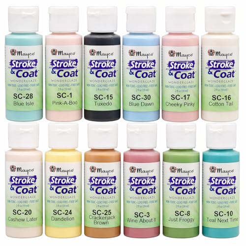 Mayco Stroke and Coat Glaze for Ceramics Kit 2 | 12 Assorted 2 oz Jars with How to Paint Pottery Book