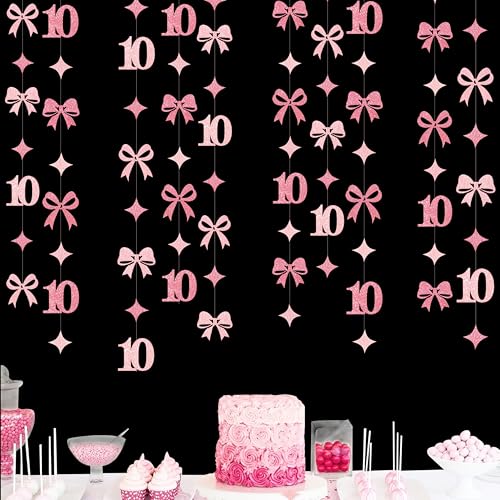 Image of Glitter Pink 10th Bow Birthday Decorations Hot Pink Conquette Bow Garland Streamer Banner Backdrop for Girls Happy 10th Birthday Double Digits I'm 10 Cheers to 10 Years Old Anniversary Party Supplies