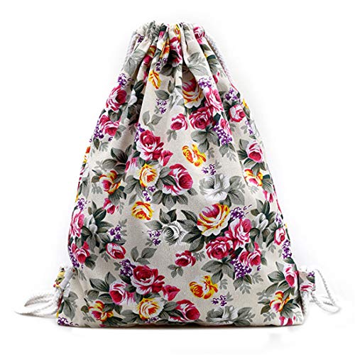 Mujer Elegante Mochila de Lona Floral con Cordón de Moda Capacidad Escolar Bolsa Ajustable