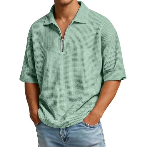 Polo à manches courtes respirant en maille gaufrée avec col zippé homme