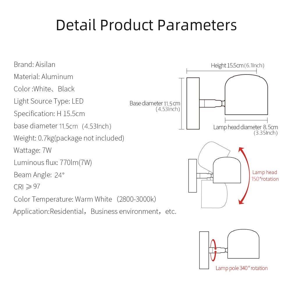 Aisilan Dimmable Modern Wall Sconce Fixture LED Adjustable Wall Spotlight Aluminum Bedside Reading Lighting Warm White 7W 3000K BD22B3K7W-Dim