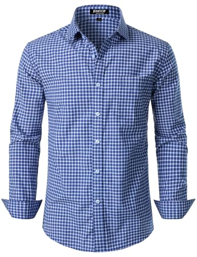 JEMITOP Men's Transitional Weather Long Sleeve Slim Fit Button Down Shirts Business Casual Button up Plaid Dress Shirt Blue Gingham L