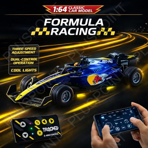 Image of PLUSPOINT 1:64 Die-cast Metal F1 RC Mini Racing car with LED Lights | 2.4GHz Remote Control Car | 3 Speed Adjustable, USB Rechargeable Alloy RC Car for Kids & Adults Indoor /Outdoor Racing