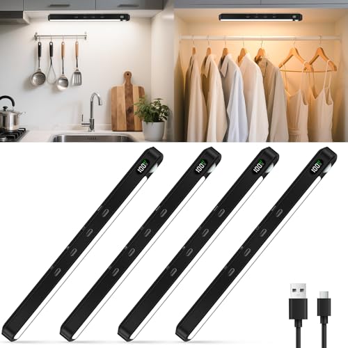 Image of WILLED Under Cabinet & Closet Lights, Motion Sensor, Rechargeable, Magnetic, 3 Color Temps, Dimmable LED Light Bar for Indoor Kitchen Counter (4 Pack, Black)