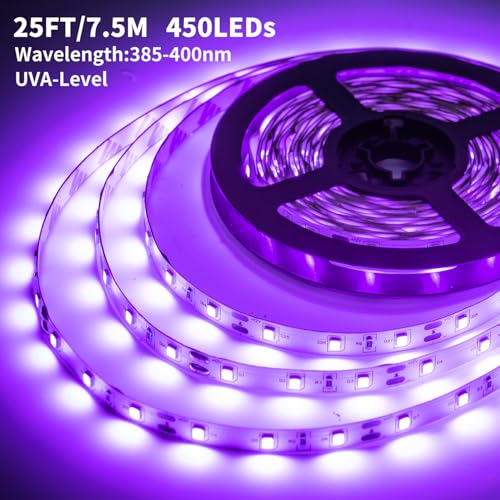 Image of 25 Foot Black Light Strips & Remote, Dimmable Flexible Blackights Strip Lights 450 LEDs for Glow Party Body Paint Birthday Bedroom Room Fluorescent Tapestry Poster, Non-Waterproof