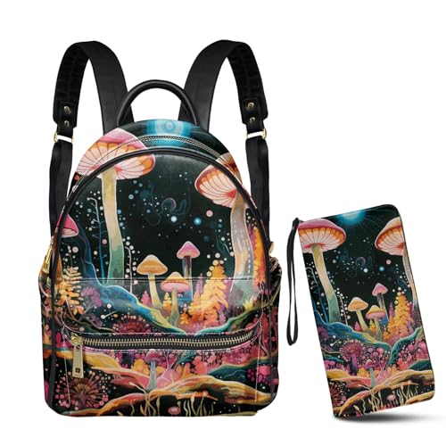 GLENLCWE Galaxy Colorful Mushroom Leather Backpack Purse Women Zipper Wallet Handbag Wasterproof Small Travel Backpack Shoulder Handbag Clutch for Women