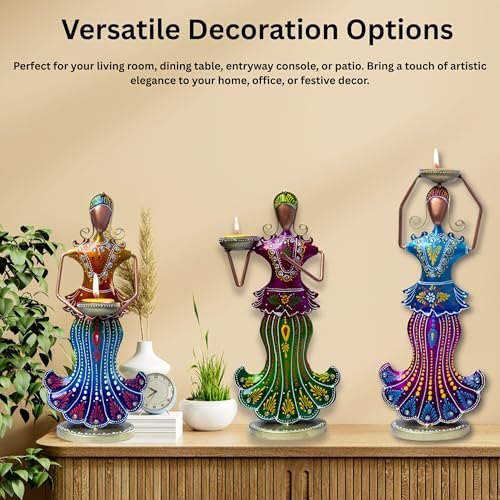 Metal Tealight Candle Holder Dolls Set - Multicolor Home Decor Showpiece Figurines, Tabletop Candle Stand for Living Room, Diwali Gifts, Anniversary Presents (3 Dolls) — photo — 3 of 9