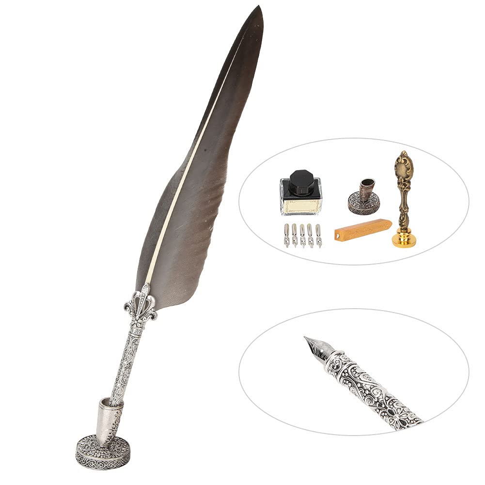 European Retro Stalówki ze stali nierdzewnej Zestaw wosków do pisania zanurzeniowego Prezent z pudełkiem do pakowania (SFDPS025031 pointed gray feather)