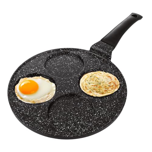 ZOFUN Pancake Pan, 26 cm Egg Frying Pan with 4 Eggs Holes 12cm, Non Stick Frying Pan with Handle, Black Induction Poached Egg Pan for Individual Pancakes, Frying, Uthappam, Induction