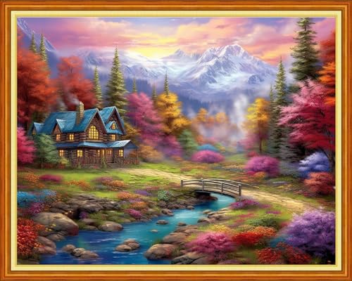 Image of Dooxvey Cross Stitch Kits for Adults Stamped Full Range of Embroidery Starter Kits for Beginners 11CT Printed Cross Stitch Patterns Needlepoint Kits Stamped Crossstitching-Beautiful Home 16x20 inch
