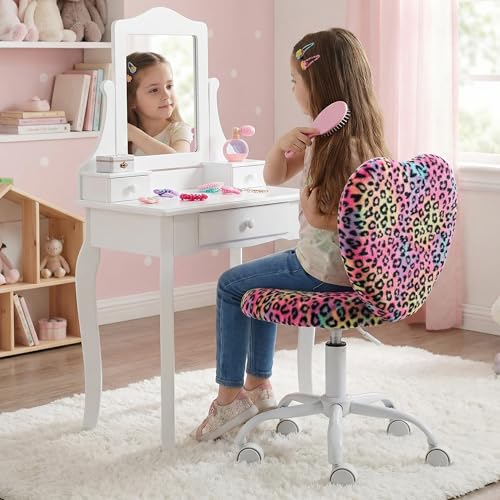 Image of Kmax Kids Reading Chair, Rolling Cute Desk Chair for Girls Swivel Office Chair with Wheels & Heart Back Adjustable Childrens Vanity Chair for Bedroom Reading Room - Faux Fur, Leopard