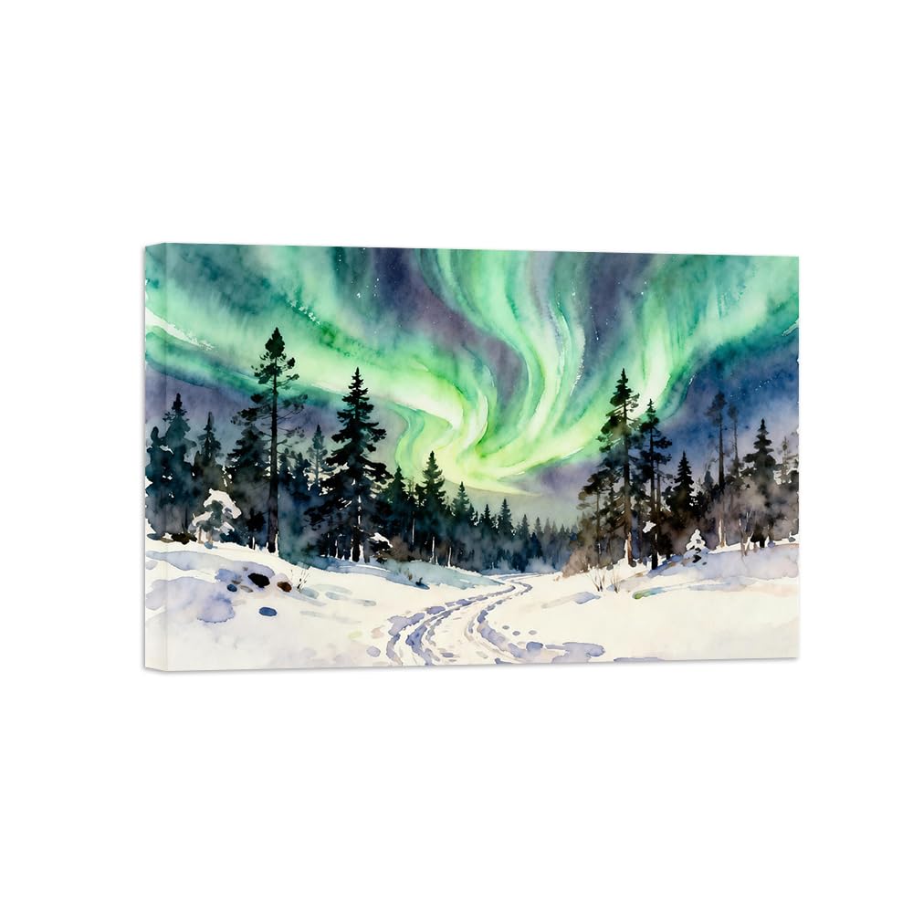 OZPWBVY Winter Aurora Tree Landscape Canvas Prints Ready to Hang 70x105cm Wrapped Canvas