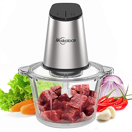 Electric Food Chopper 2L, Makoloce 300W Food Processor 8-Cup, BPA-Free Glass Bowl Blender Grinder for Meat, Vegetables and Fruits, 2 Speeds, 4 Detachable Blades