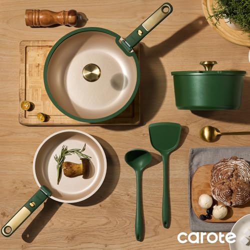 Image of CAROTE Green&Gold Nonstick Cookware Set, 15Pcs Pots and Pans Set Non Stick Detachable /Removable Handle,Kitchen Cooking Set Dishwasher Safe, RV Kitchen Pot and Pan, Induction Cookware