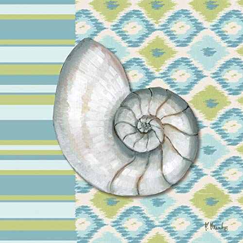Gango Editions Colorful Watercolor Coastal Shells On An Ikat Backgroundt, Four 12 By 12-Inch Canvases; Ready To Hang! Blue/Green/Teal #TOP3