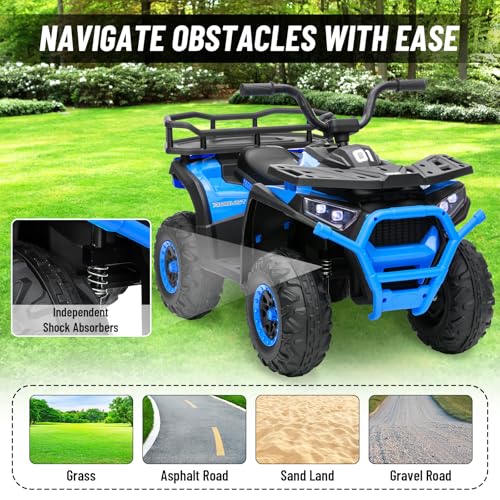 24V 4x4 Ride on Toys Car, BLISSRIDE Kids ATV Quad w/Kneepads, Bluetooth Music, LED Lights, Rear Storage Rack, Spring Suspension, Safe Soft Start&Brake, Electric 4 Wheeler for Kids Boys Girls, Blue - Thumbnail 5