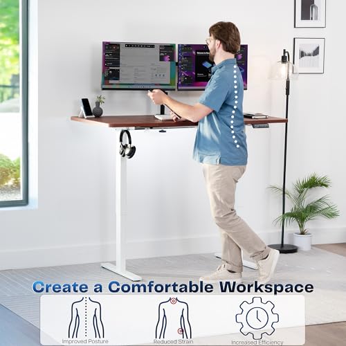 Image of VIVO Dark Walnut 60 x 30 in Standing Desk, DESK-KIT-1W6D-30 | Electric, Holds 220 lbs, Sit Stand, Height Adjustable, Extra Deep Table Top, Memory Presets, 1B Series, White Frame