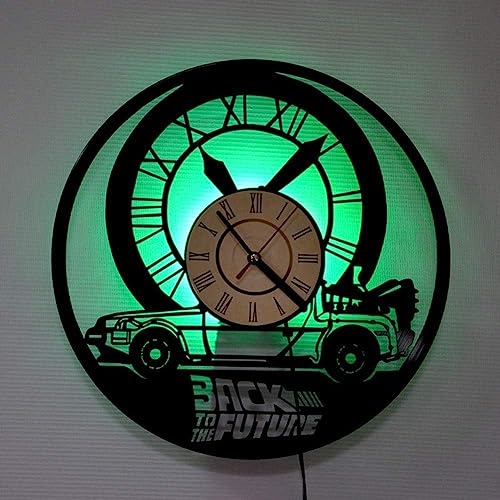 Smotly - Reloj de pared de vinilo, Regreso al Futuro, arte con luz, 7 tonos, coche de 30,5 cm, regalo de pared (con luces)