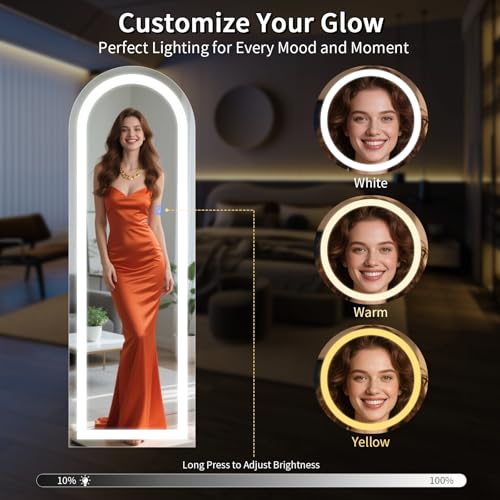 Image of Koonmi LED Arched Full Length Mirror, 65 inchx24 inch Full Length Mirror with Lights, Lighted Floor Mirrors with Stand, Full Body Mirrors with Dimming & 3 Color Lightingfor Living Room Cloakroom, White
