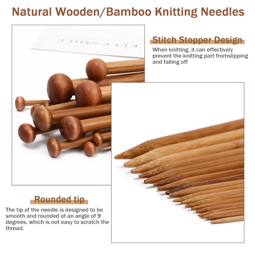 7 Pairs Bamboo Knitting Needles Set, Bamboo Natural, Long Wooden Knitting Needle, Single Point Straight Wood Needles, Wooden Knittings Needle for Beginners for Making Sweater, Shawl, Scarf - Thumbnail 3