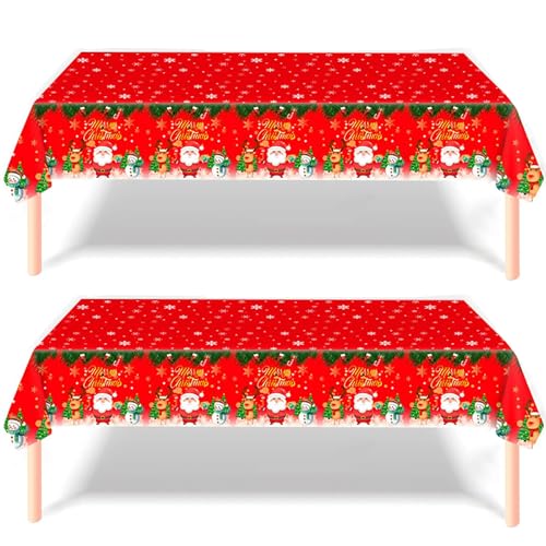 BOFYTR 2PCS Christmas Table Cloth Decoration Red Tablecloth with Santa and Snowman 137 * 274cm Disposable Plastic Cover for Xmas Party Holiday Decorations Supplies