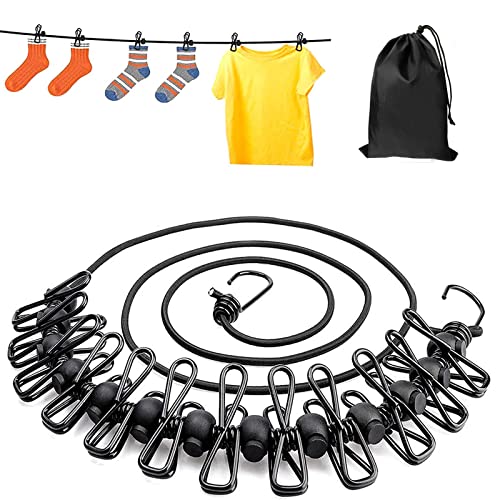 ELTE Portable Clothesline with 12 Clothespins, Travel Camping Clothesline with Clips Adjustable Elastic Clothesline for Outdoor and Indoor Use (Black