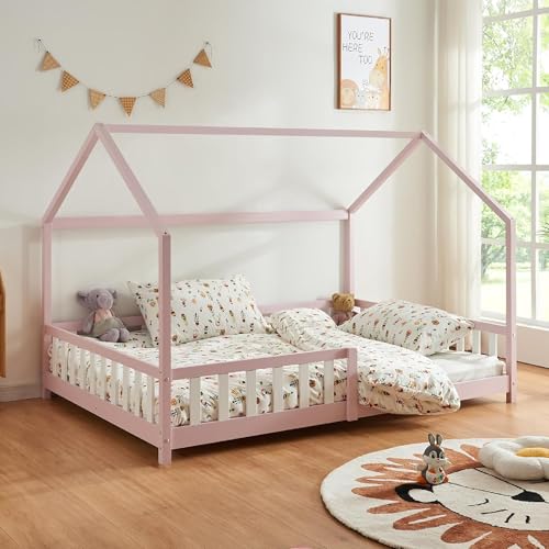[en.casa] Children's bed Hesel House look Pink 120 x 200 cm with fall-out protection and slatted frame low Pine