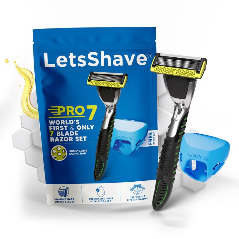 Image of LetsShave Pro 7 Max Razor for Men (1 Handle + 1 Blade) | World's First & Only 7-Blade Razor for Men | Honeycomb Guard, Open Flow Design & Nature Infused Lubrication Strip | With Travel Cap
