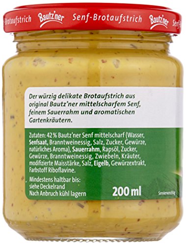 Bautz’ner - Senf-Brotaufstrich Kräuter – Mittelscharf Senf – 1 x 200ml - Ideal für Brotzeit und Grillen, Vegetarisch & Glutenfrei
