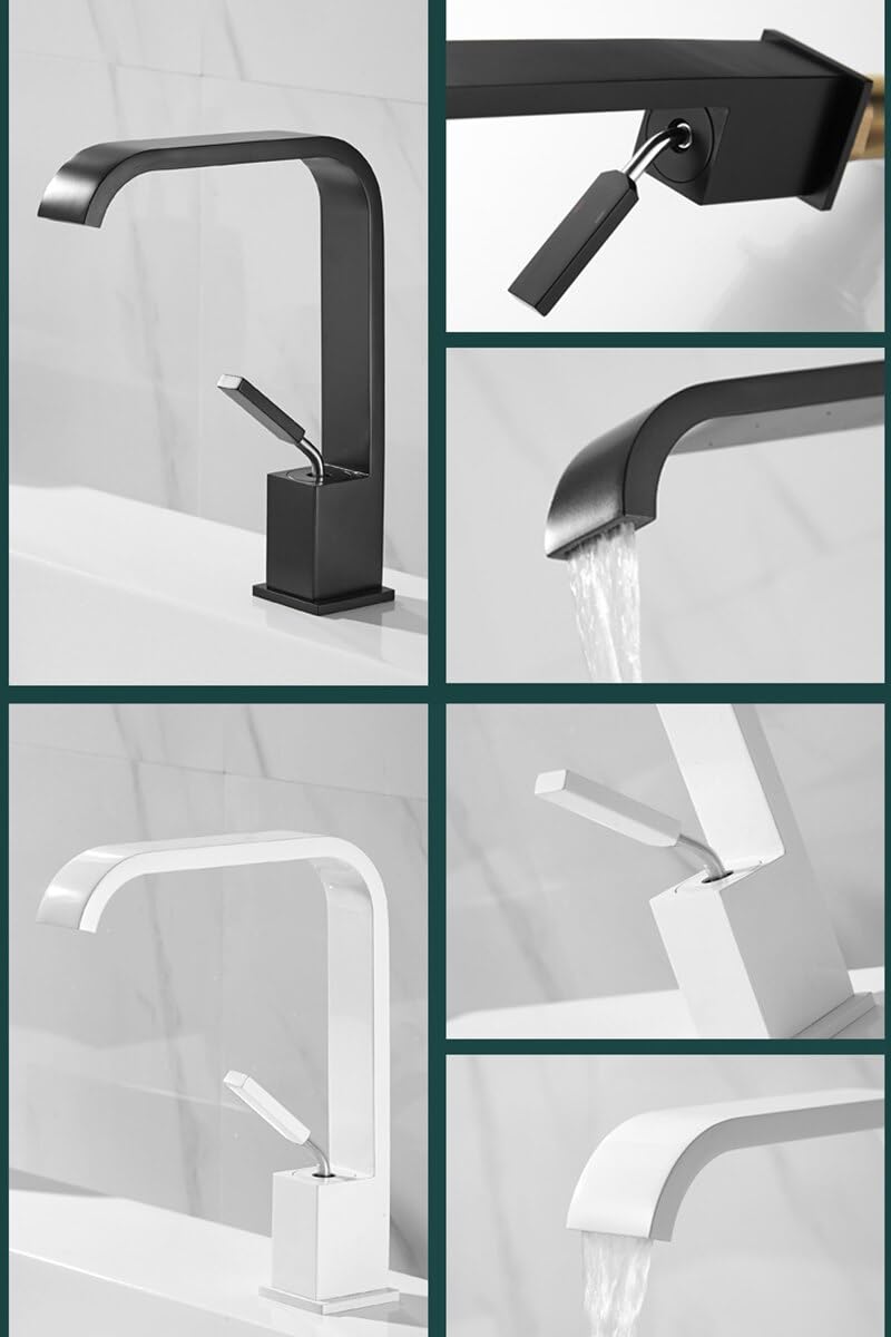 BWE Rubinetto Per Lavabo Nero Opaco - Miscelatore Monoforo A Cascata - In Ottone Massiccio Con Scarico Pop-Up E Tubi Flessibili - 3