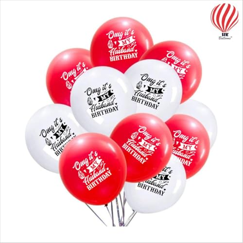 Image of HK Balloons Surprise Party Balloons For Husbund Birthday Decoration Kit For Husband OMG It's My Husband's Birthday Balloons Pack Of 50Pcs Red & White Them