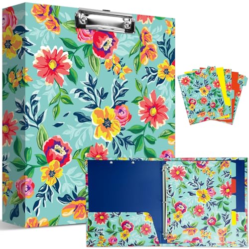Decorative 3-Ring Binders with Chipboard 1.5 Inch Wide Floral Hardcover Binder with Dividers & Pockets Watercolor Blue Floral Design Decorative Hardcover 3 Ring Binder