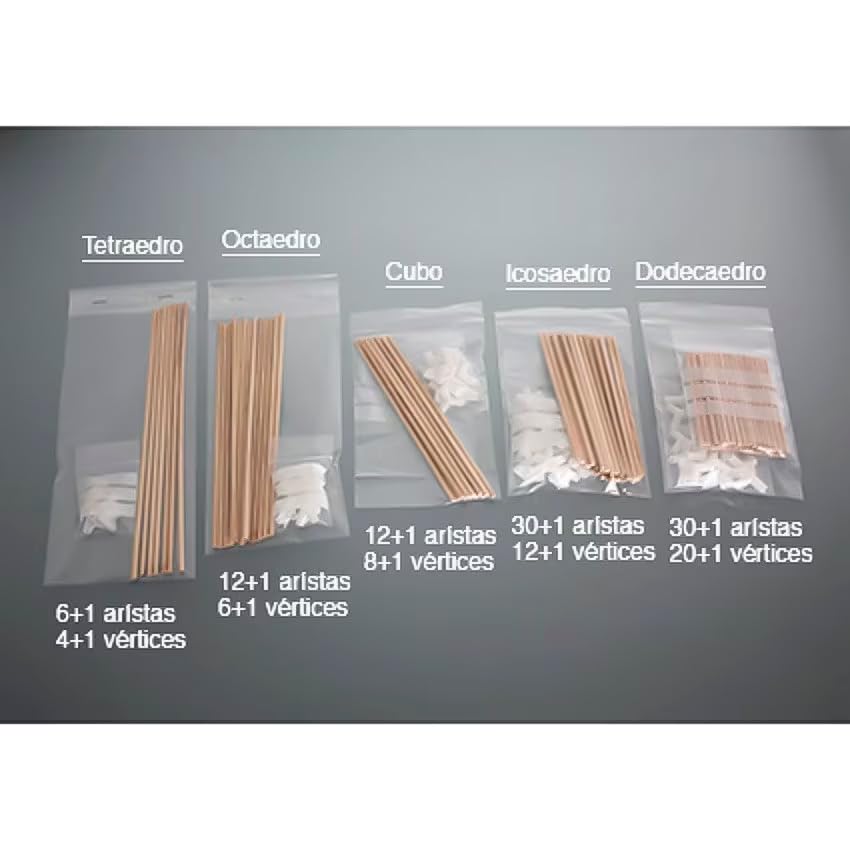 Kit para construcción de 5 poliedros regulares, Tetraedro, Hexaedro, Octaedro, Icosaedro y Dodecaedro. Altura entre caras de 17 cm.…