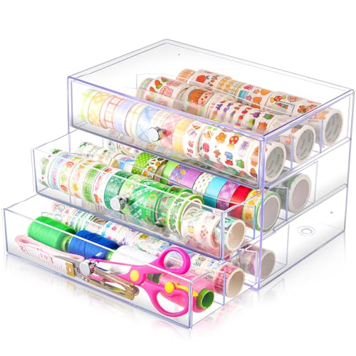 Wonderjune 1 Pack 3 Drawer Washi Tape Organizer Plastic Washi Tape Storage Cube Organizer Box 10 x 7 x 6.8 Large Capacity Clear Storage Drawer Holder for Art Craft Embellishments Jewelry Makeup