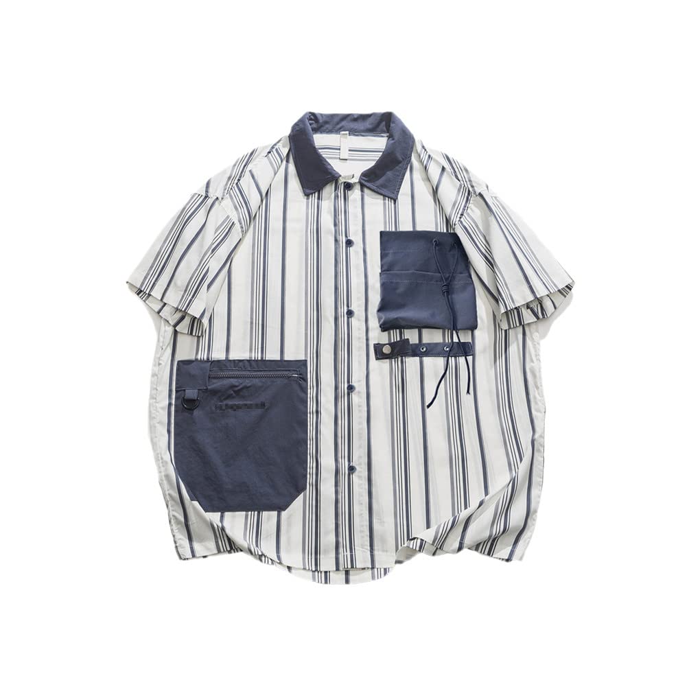 Dninmim Camicia a maniche corte allentata hawaiana con bottoni a righe da uomo Top casual estivo con colletto rovesciato