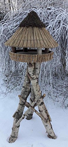 Vogelfutterhaus mit Reetdach und Heidekappe, Heidehütte mittel...