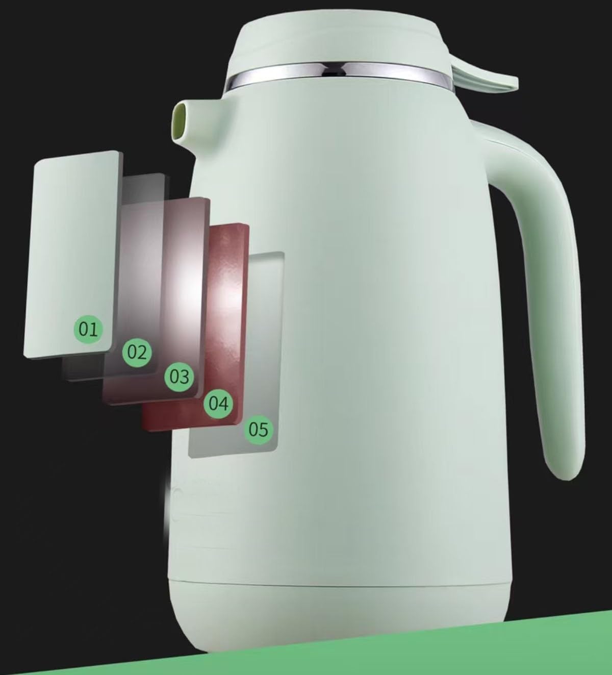 Teiera isolata, thermos, teiera, caraffa termica for caffè, caraffa da 1,3 l/1,6 l, grande capacità, pentola interna in vetro for uso domestico, pentola isolante multifunzionale(Green,1.6L)