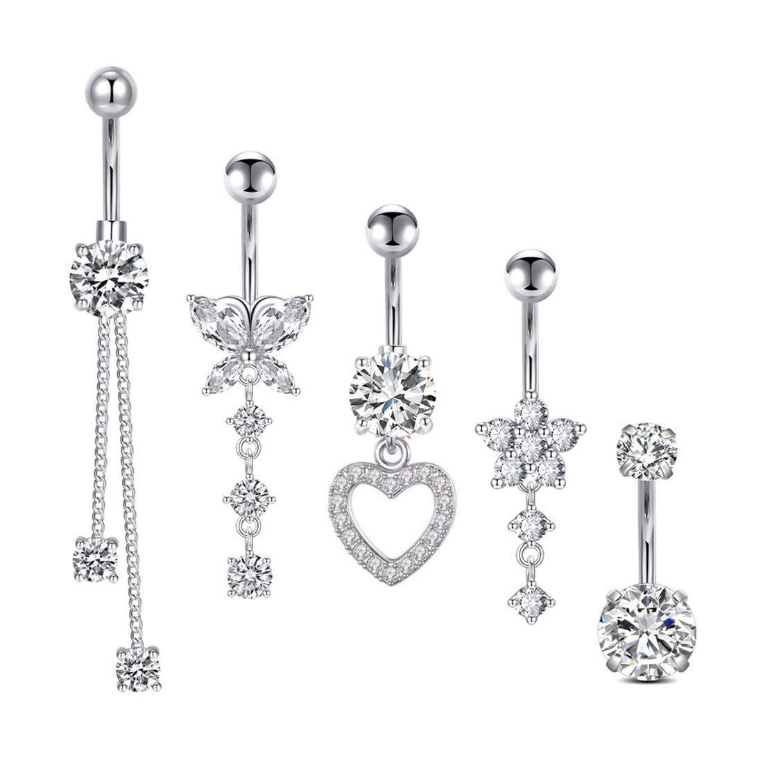 VQEOEOT Piercing Ombligo para Mujer, 5 Piezas 14G Ombligo Piercing Joyería para Mujeres, ombligo Piercing de acero quirúrgico CZ, Piercing Ombligo Pequeño Formas Amor Mariposa Flor, plata