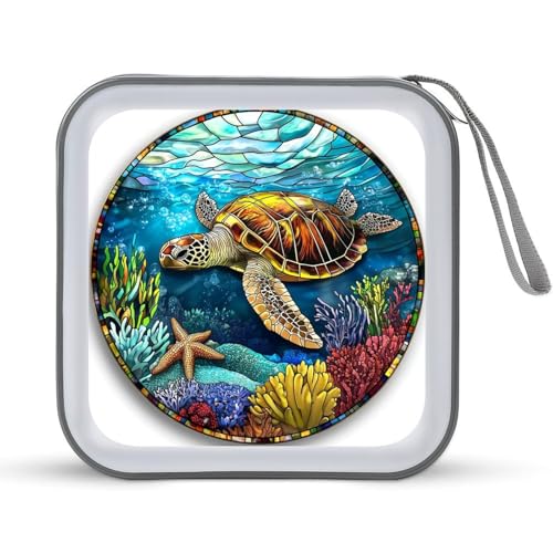 Stained Glass Sea Turtle Swimming in The Ocean CD Case DVD Storage Case Portable