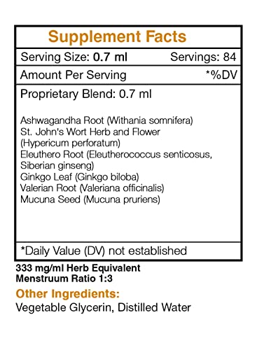 Tame The Monster Alcohol-Free Extract, Tincture, Glycerite Ashwagandha,St. John's Wort, Eleuthero Siberian Ginseng, Ginkgo, Valerian, Mucuna. Mood Balance Formula (2 Fl Oz) #TOP3