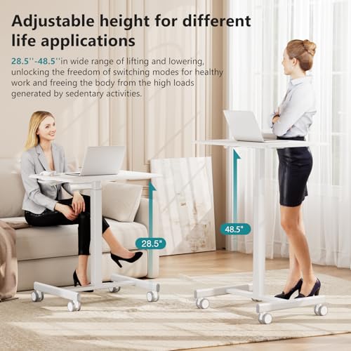 Image of DUMOS Mobile Rolling Desk with Wheels Adjustable Height Small Standing Desks Portable Laptop PC Table Computer Workstation for Home Office Small Space White
