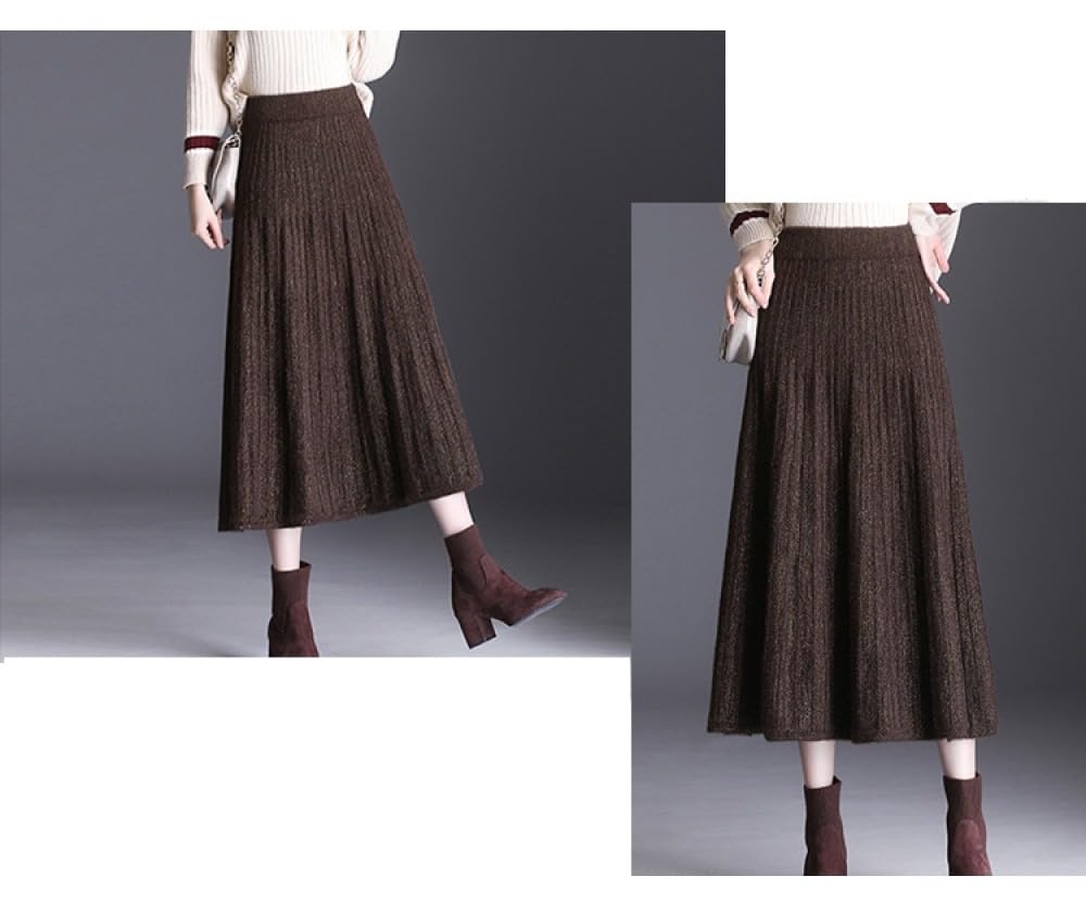 Marrón Falda De Punto Difusa Faldas Midi Plisadas para Mujer, Falda Vintage De Cintura Alta, Falda De Punto Brillante, Falda Larga Cálida De Otoño E Invierno para Damas Y Niñas