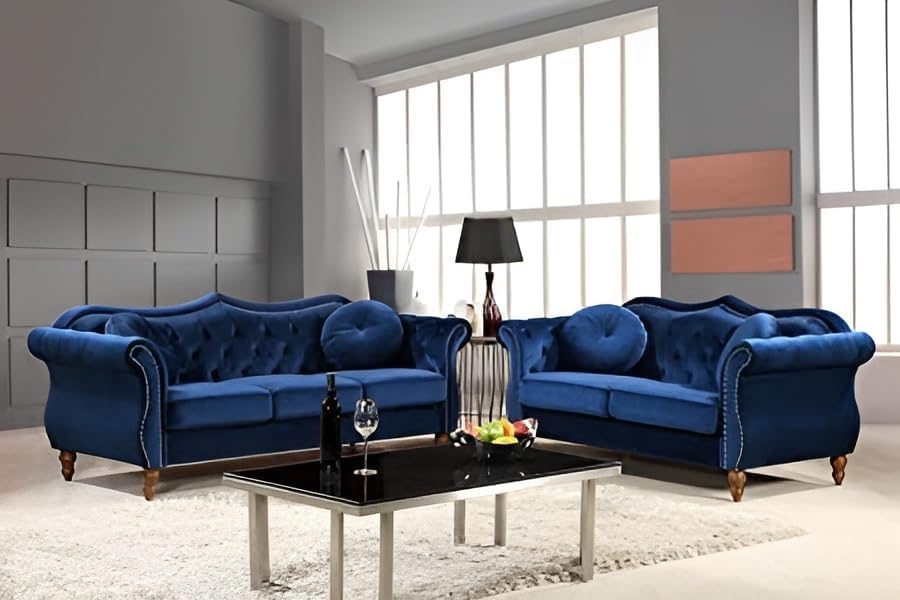 3 Seater Luxary Designed Velvet Tuffted Sofa Set for Living Room, Hallways, Offices, Bedroom (CREAM5, Three_Seater) (Blue, Five Seater)