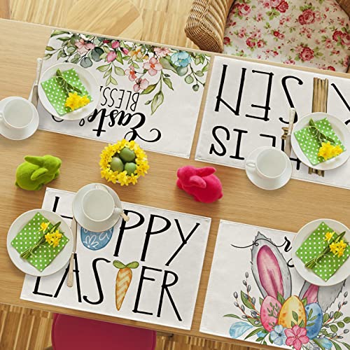 Seliem Happy Easter Blessings Bunny Ear Egg Placemats Set Of 4, He Is Risen Cross Religious Dining Table Place Mats, Flower Seasonal Spring Farmhouse Kitchen Decor Home Holiday Decoration 12 X 18 Inch #TOP5